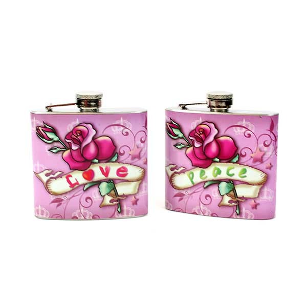 Stainless Steel Flasks - 5OZ Pink Peace/Love Flasks - 12 For $24.00