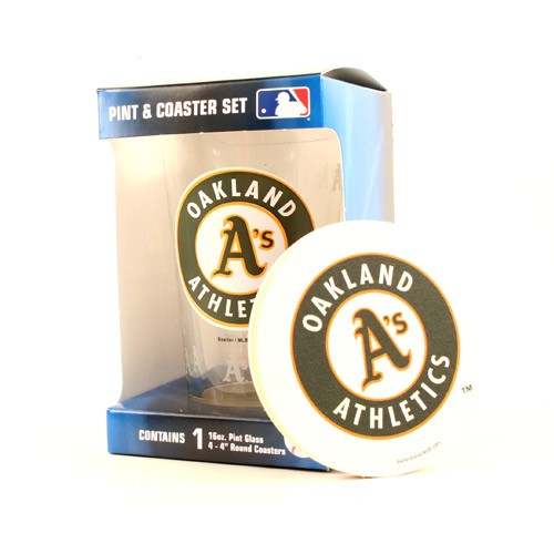Oakland Athletics Glassware - 16OZ Glass Pint With 4Pack Coaster Set - (Pattern May Be Different Than Pictured) - $5.00 Per Set