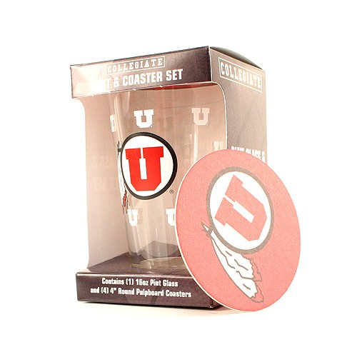 Utah Utes Glassware - 16OZ Glass Pint With Coaster Set - (Pattern May Be Different Then Pictured) - 12 For $54.00