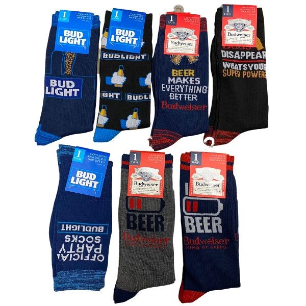 Budweiser Merchandise - Total Assortment Bud and Bud Light Socks - Size 10-13 - May Not Be As Pictured - 24 Pair For $48.00