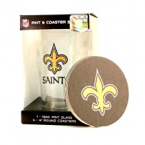 New Orleans Saints Glassware - (Pattern May Not Be As Pictured) - 16OZ Glass Pint With 4Pack Coaster - $5.00 Per Set